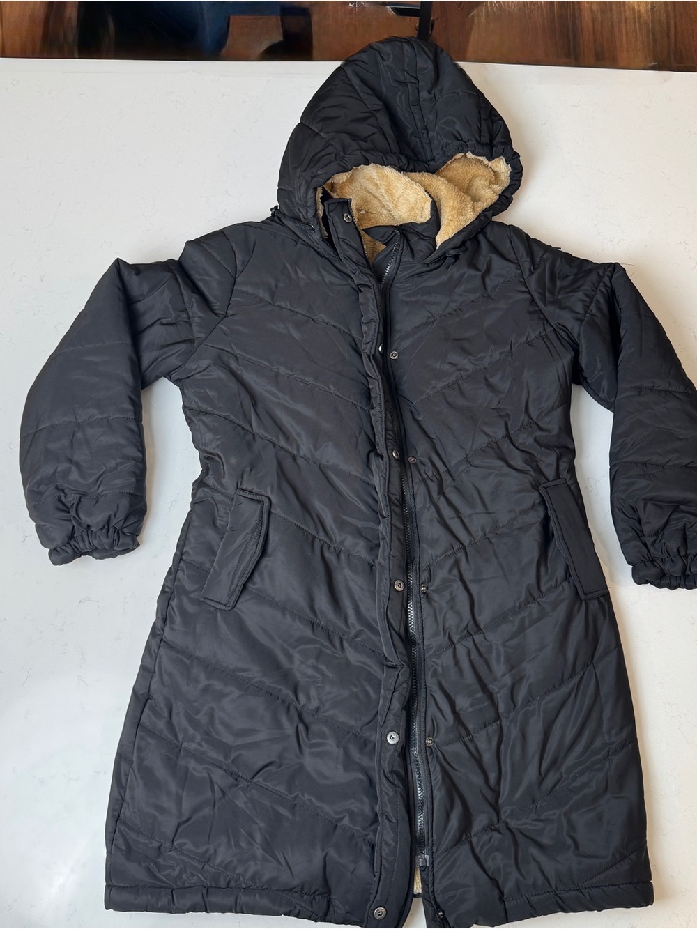 Long Black Hooded Puffer Coat with Cream Sherpa Hood Lining